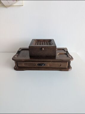 Wooden VTG Men's Valet Jewellery Box With Woven Cane Insert